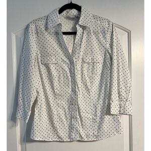 Chico's Button Down Shirt Women Size 0 White Black Diamond Polka Dot